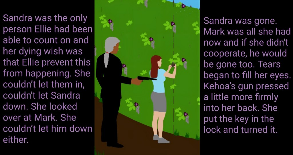 Kehoa holds Ellie at gunpoint at the garden gate